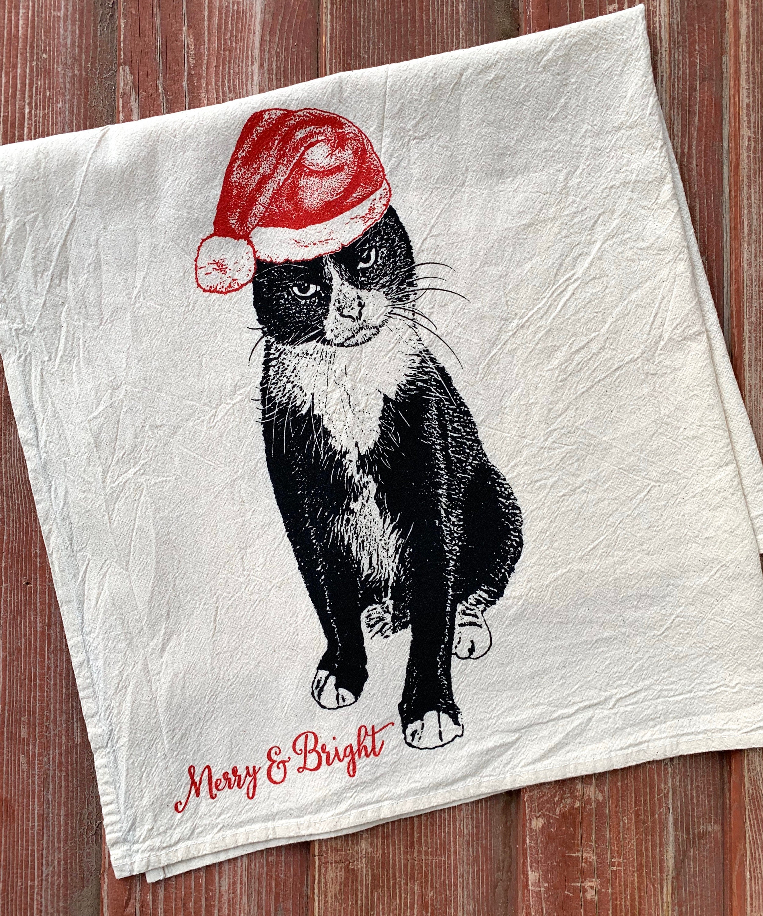 Fussy Figaro Cat Christmas Towel, Santa Cat, Tuxedo Cat Holiday Decoration,  Cat Christmas - Hand Printed Flour Sack Tea Towel, Dish Towel