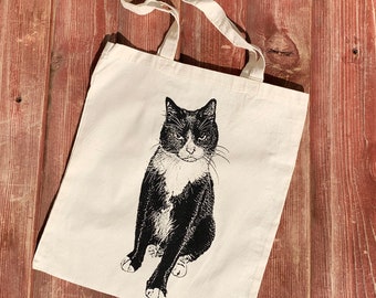 Tuxedo Cat Tote, Screenprinted Knitting Bag
