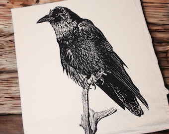 Raven Tea Towel - Hand Printed Flour Sack Tea Towel, Raven Towel