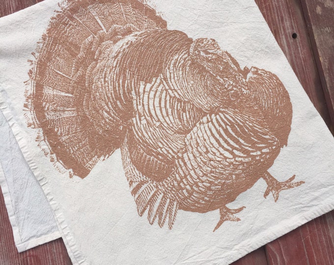 Featured listing image: Metallic Copper Turkey Tea Towel, Thanksgiving Tea Towel, Kitchen Towel - Hand Printed Flour Sack Tea Towel (Unbleached Cotton)