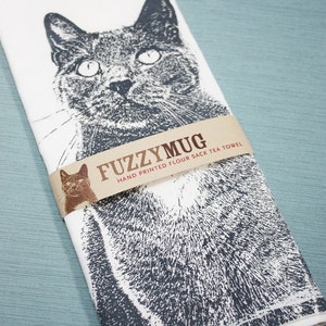 Serene Kitty in Gray, Cat Tea Towel Hand Printed Flour Sack Tea Towel image 2