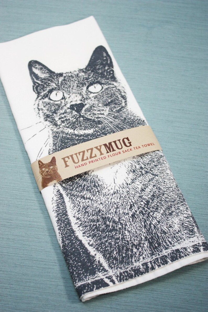 Serene Kitty in Gray, Cat Tea Towel Hand Printed Flour Sack Tea Towel image 2