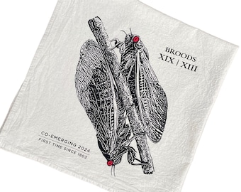 Cicada Tea Towel 2024, Screen Printed Cotton Flour Sack