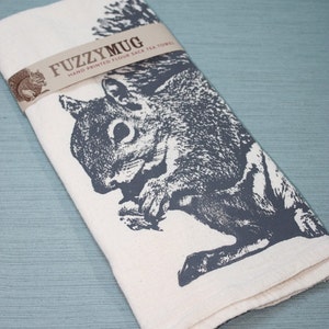 Squirrel Tea Towel in Gray - Hand Printed Flour Sack Tea Towel (Unbleached Cotton)