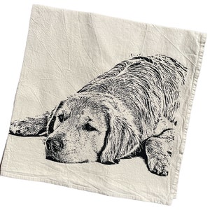 Golden Retriever Tea Towel Hand Printed Flour Sack Tea Towel image 1