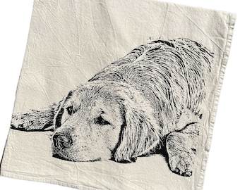 Golden Retriever Tea Towel - Hand Printed Flour Sack Tea Towel