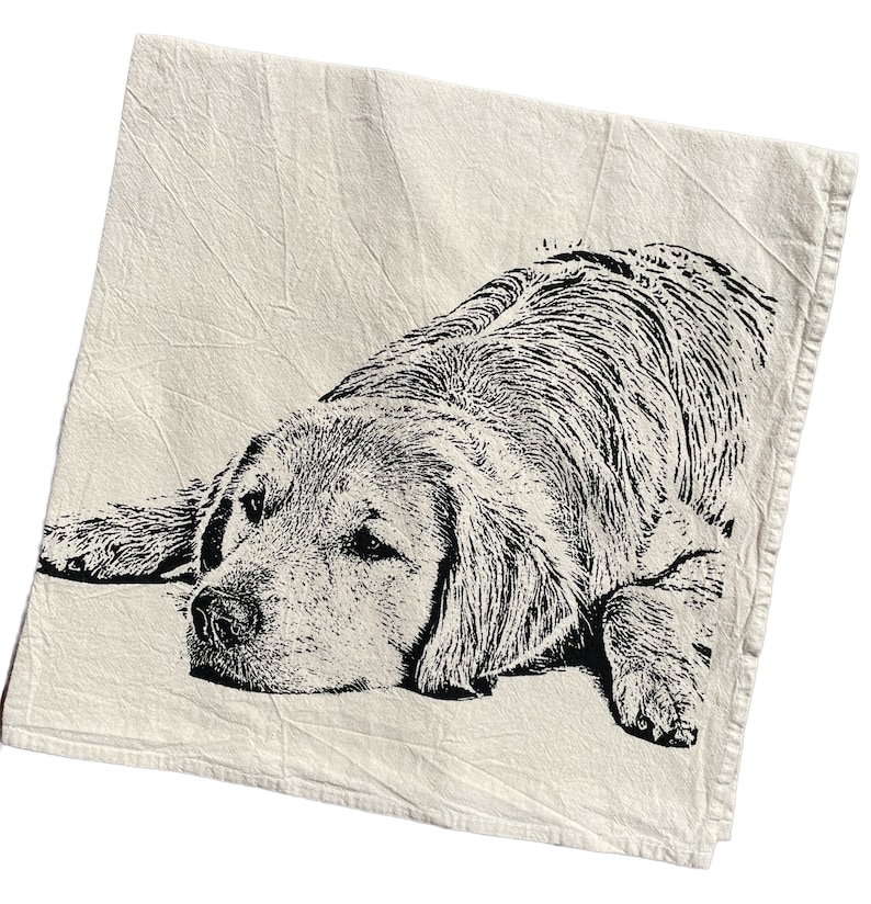 Golden Retriever Tea Towel Hand Printed Flour Sack Tea Towel image 1