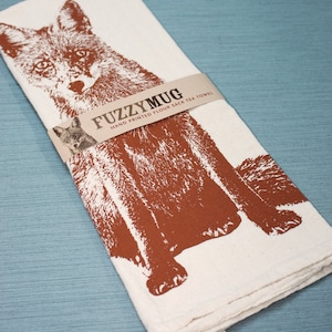 Fox Tea Towel in RUST, Fox Towel - Hand Printed Flour Sack Tea Towel (Unbleached Cotton)