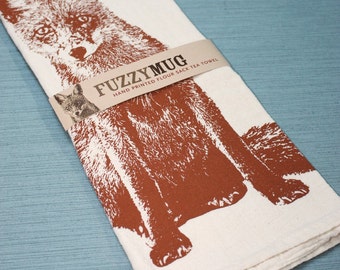 Fox Tea Towel in RUST, Fox Towel - Hand Printed Flour Sack Tea Towel (Unbleached Cotton)