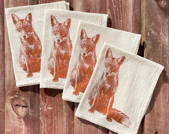 Fox Napkins, Cloth Napkins , Set of 4 - Hand Printed Flour Sack (unbleached cotton)