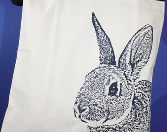 Cottagecore Rabbit Screen Printed Cotton Tote Bag, Navy Bunny