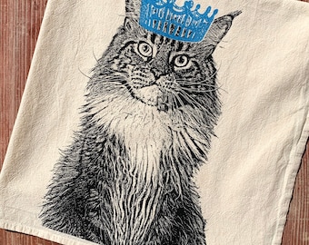 Cat with Crown Tea Towel - Hand Printed Flour Sack Tea Towel, Dish Towel, Cat Towel