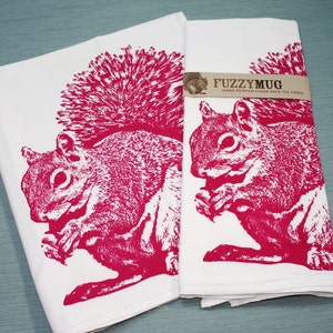 Squirrel Tea Towel in Rubine Red Hand Printed Flour Sack Tea Towel image 2