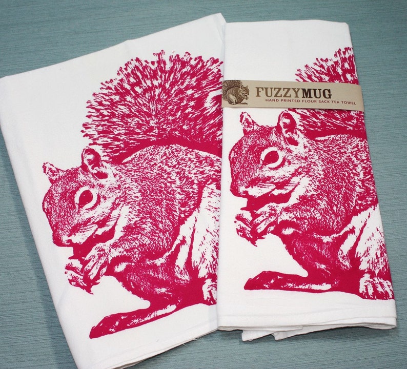 Squirrel Tea Towel in Rubine Red Hand Printed Flour Sack Tea Towel image 2