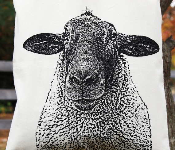 Sheep Tote Bag, Cotton Knitting Bag, Screenprinted