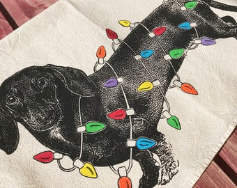 Dachshund Christmas Towel, dachshund Holiday Decoration, Doxie Christmas - Hand Printed Flour Sack Tea Towel, Dish Towel