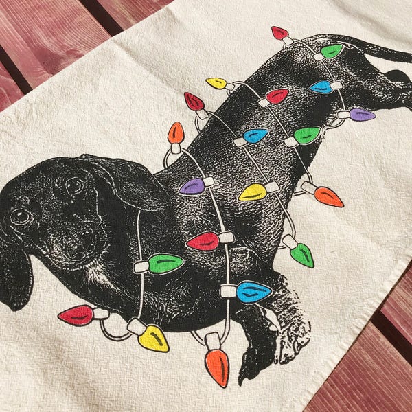 Dachshund Christmas Towel, dachshund Holiday Decoration, Doxie Christmas - Hand Printed Flour Sack Tea Towel, Dish Towel