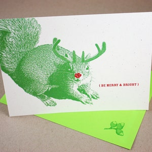 Squirrel Merry and Bright Holiday Cards, Set of 4, Squirrel Card. Christmas