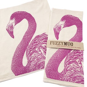 Pink Flamingo Hand Printed Flour Sack Kitchen Towel Unbleached Cotton image 4