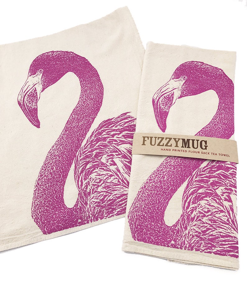 Pink Flamingo Hand Printed Flour Sack Kitchen Towel Unbleached Cotton image 4