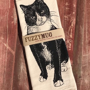 Tuxedo Cat Tea Towel, Black Cat, Bad Kitty Towel - Hand Printed Flour Sack Tea Towel