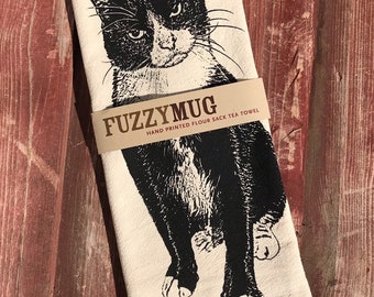Cottagecore Tuxedo Cat Tea Towel – Hand Screen Printed Flour Sack