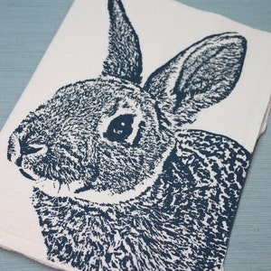 Fuzzy Bunny Tea Towel in NAVY BLUE, Rabbit Tea Towel Hand Printed Flour Sack Tea Towel Unbleached Cotton image 2