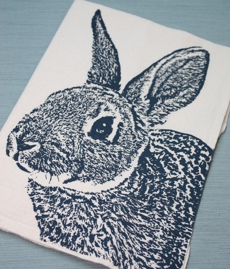 Fuzzy Bunny Tea Towel in NAVY BLUE, Rabbit Tea Towel Hand Printed Flour Sack Tea Towel Unbleached Cotton image 2