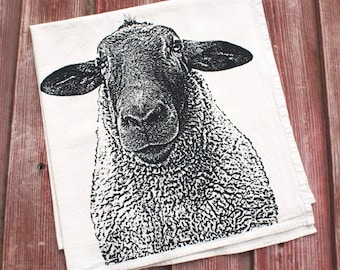 Cottagecore Sheep Tea Towel, Screen Printed Flour Sack, Black Ink on Ivory Cotton