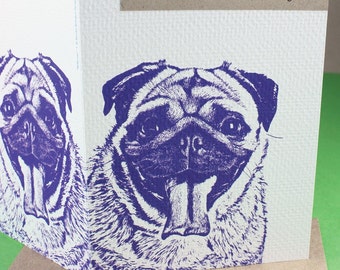 May include: A greeting card featuring a purple illustration of a pug with the quote "Animals are such agreeable friends. They ask no questions, they pass no criticisms. ~ George Eliot" printed on the front.