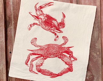 Crab Tea Towel in Red - Hand Printed Flour Sack Tea Towel, Tea Towel