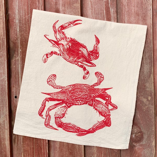 Crab Tea Towel in Red - Hand Printed Flour Sack Tea Towel, Tea Towel