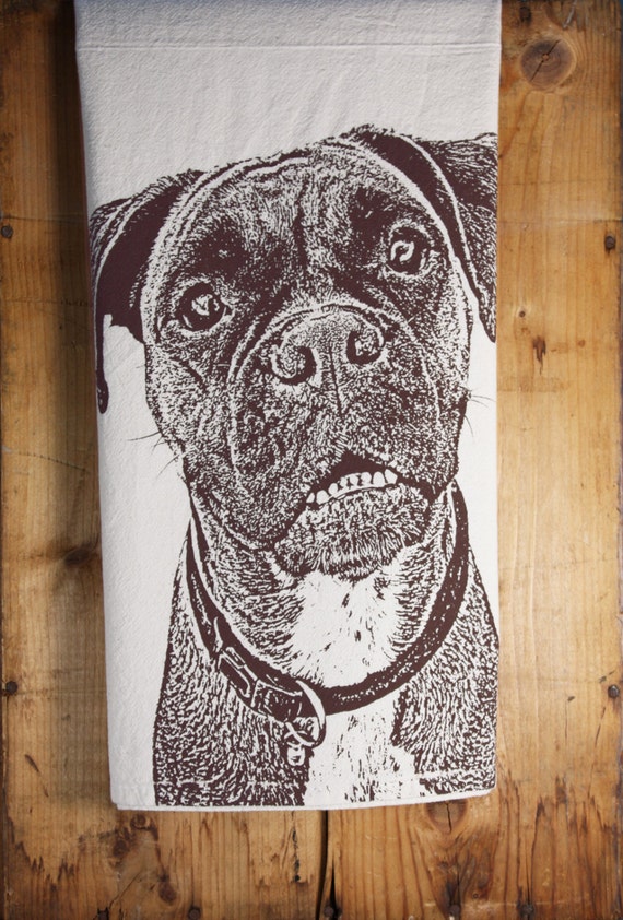 Boxer Tea Towel, Screen Printed Cotton Flour Sack, Dark Brown Ink