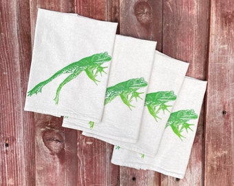 Frog Napkins, Bullfrog Napkins, Cloth Napkins, Leaping Frog, Set of 4 - Hand Printed Flour Sack (unbleached cotton)