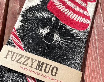 Holiday Raccoon Tea Towel: Screenprinted Cotton Flour Sack