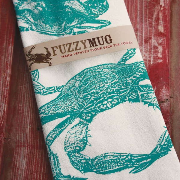 Crab Tea Towel in Teal - Hand Printed Flour Sack Tea Towel, Kitchen Towel