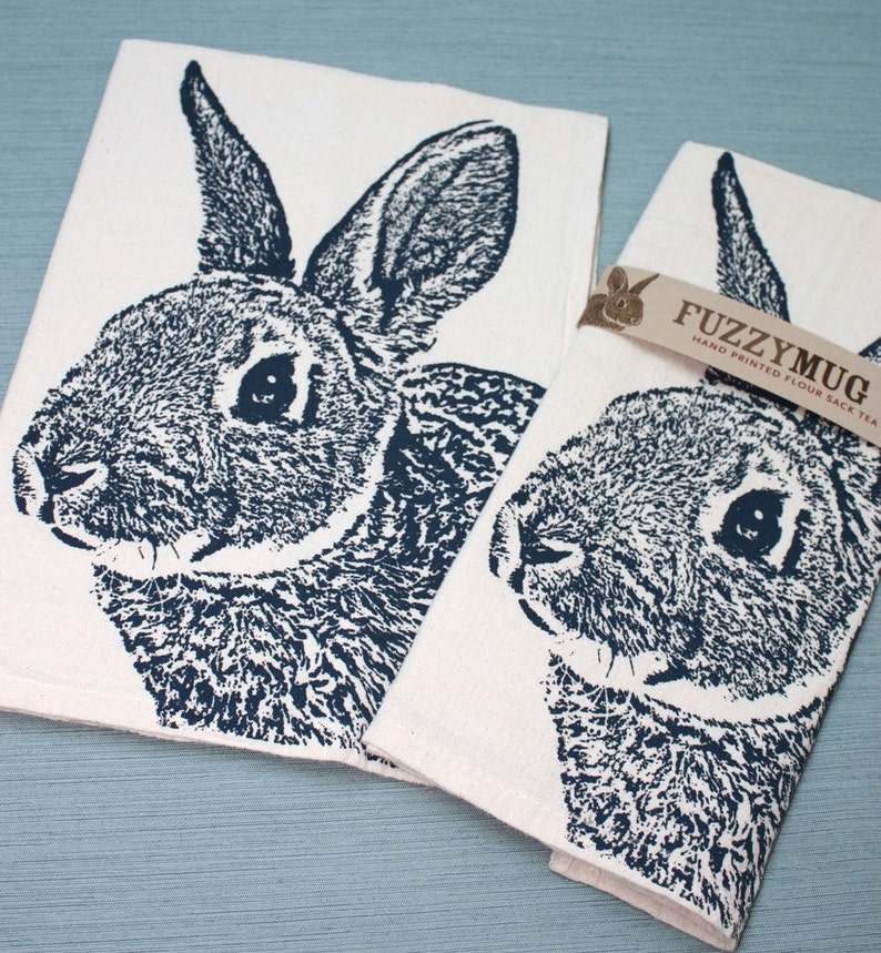 Fuzzy Bunny Tea Towel in NAVY BLUE, Rabbit Tea Towel Hand Printed Flour Sack Tea Towel Unbleached Cotton image 3