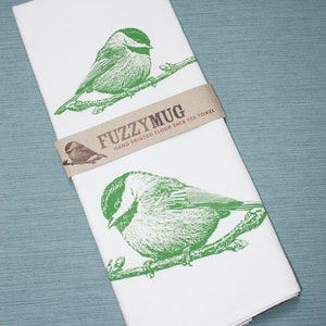 Chickadee Bird Tea Towel in Spring Green - Hand Printed Flour Sack Tea Towel