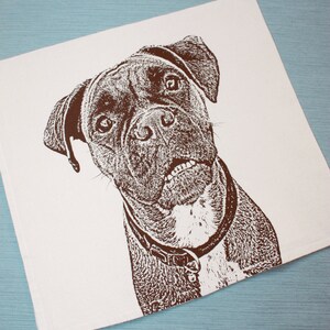 May include: A brown and white illustration of a boxer dog with a collar. The dog is looking up and to the right. The background is white.