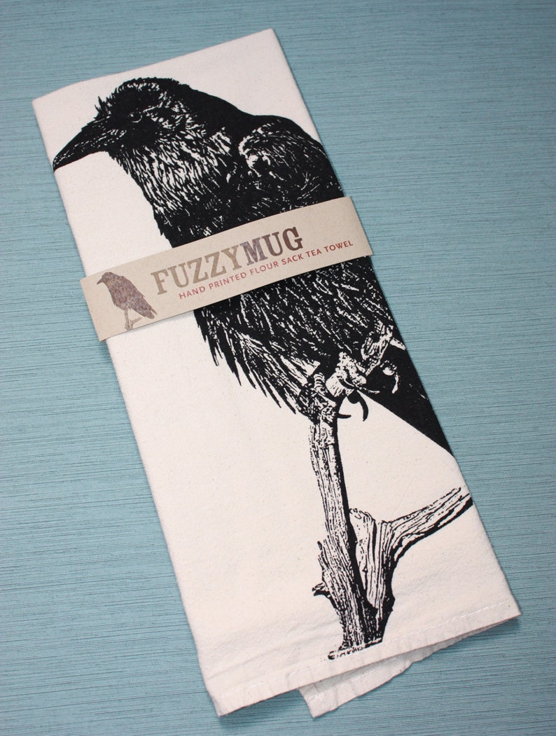 Raven Tea Towel Hand Printed Flour Sack Tea Towel, Raven Towel image 2