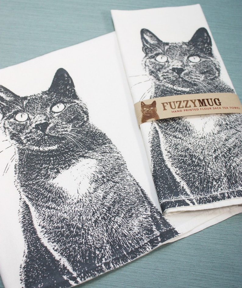 Serene Kitty in Gray, Cat Tea Towel Hand Printed Flour Sack Tea Towel image 3