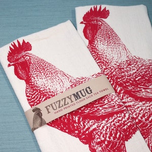 Rooster Tea Towel in Red Hand Printed Flour Sack Tea Towel Unbleached Cotton image 1