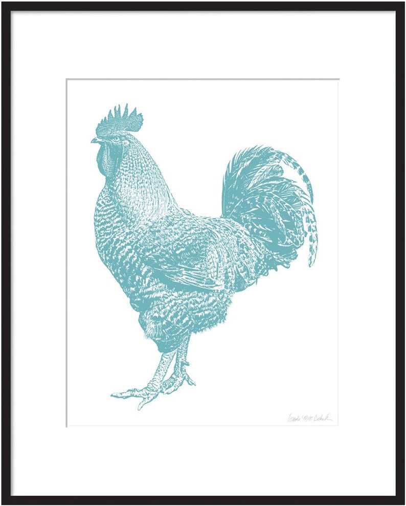 May include: A teal blue rooster illustration with a white background. The rooster is facing the left side of the image. The rooster has a large comb and wattles. The rooster's tail feathers are spread out behind it. The image is signed "Sarah Jane Ballard" in the bottom right corner.