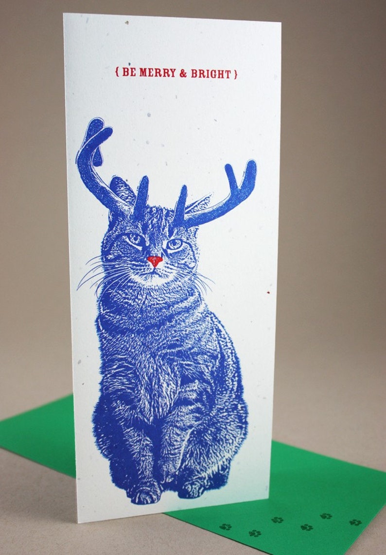 Rudolph Cat Merry and Bright Holiday Cards 4 Pack, Christmas Card Set, Handmade Christmas Cards image 1