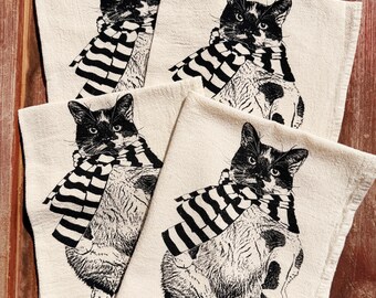 Cat Cloth Napkins - Set of 4 - 100% Cotton - Eco Friendly Kitchen Towels - Unpaper Towels - Table Setting - Washable - Reusable - Black Ink