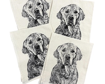 Golden Retriever Napkins - 100% Cotton - Set of 4 - Screen Printed in Black Ink