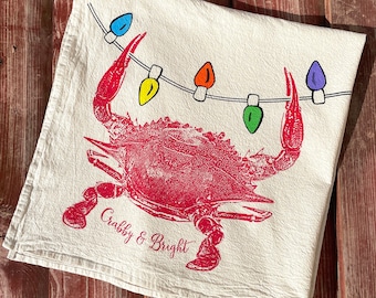 Crab Christmas Tea Towel, Christmas Lights, Baltimore, Screen Printed Cotton Flour Sack