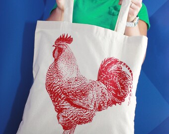 Screen Printed Rooster Tote Bag - 100% Cotton Cottagecore Design