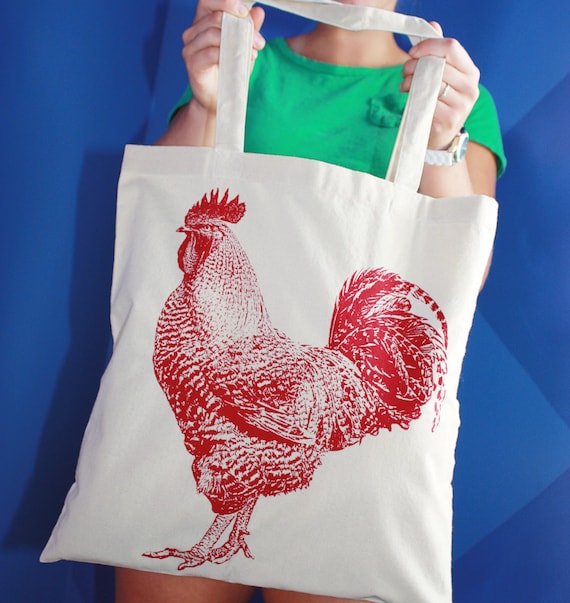 Rooster Tote Bag 100% Cotton Cottagecore Rooster Knitting