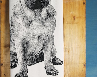 Pug Tea Towel, dish towel in BLACK - Hand Printed Flour Sack Tea Towel